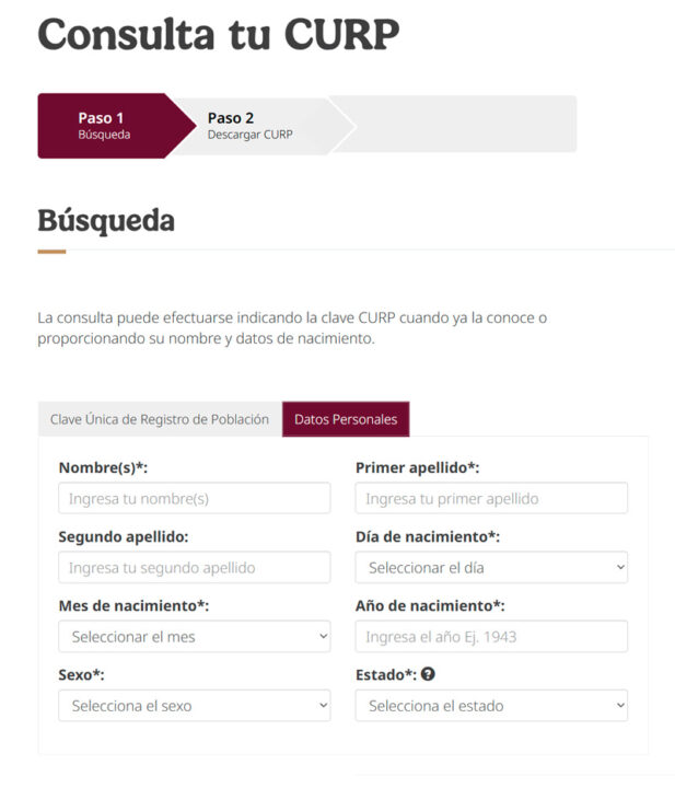 Captura de pantalla de página web oficial de Consulta Curp del Gobierno de México