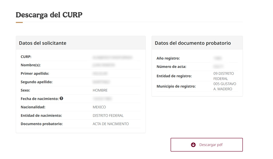 Captura de pantalla de la página oficial para descargar la CURP o copiarla