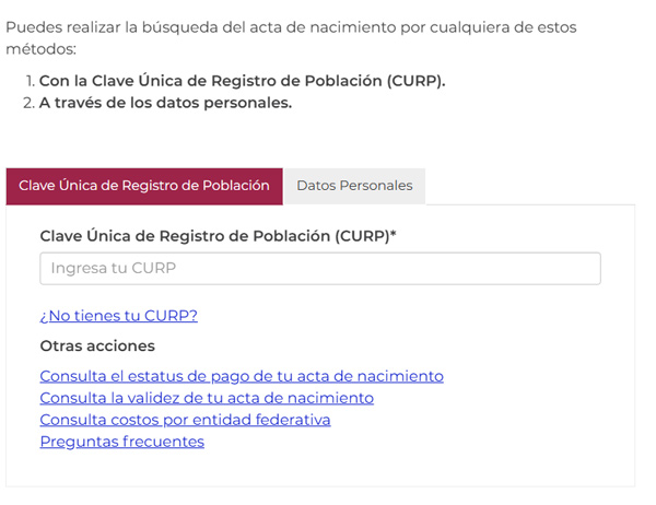 Buscar acta de nacimiento por CURP o ingresando datos personales