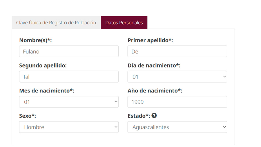 Captura de pantalla de la página oficial del CURP, indicando cómo llenar los datos correspondientes