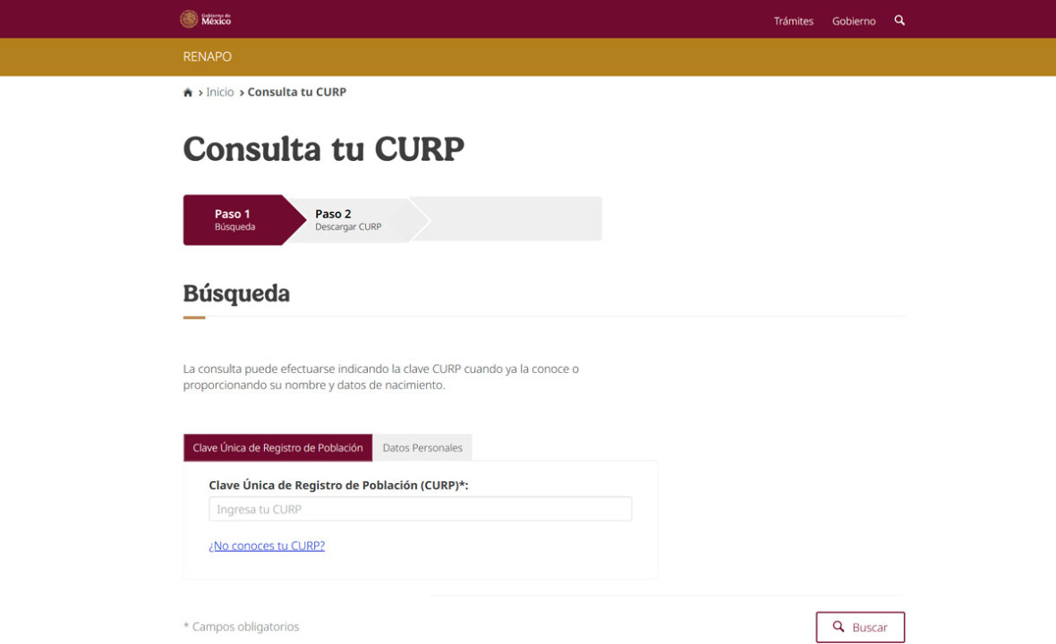Captura de pantalla de página web oficial de Consulta Curp del Gobierno de México.