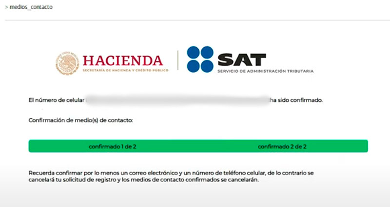 Captura de pantalla Confirmar número de celular del buzón tributario