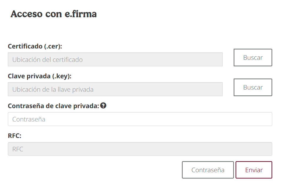 Captura de pantalla de acceso con e.firma