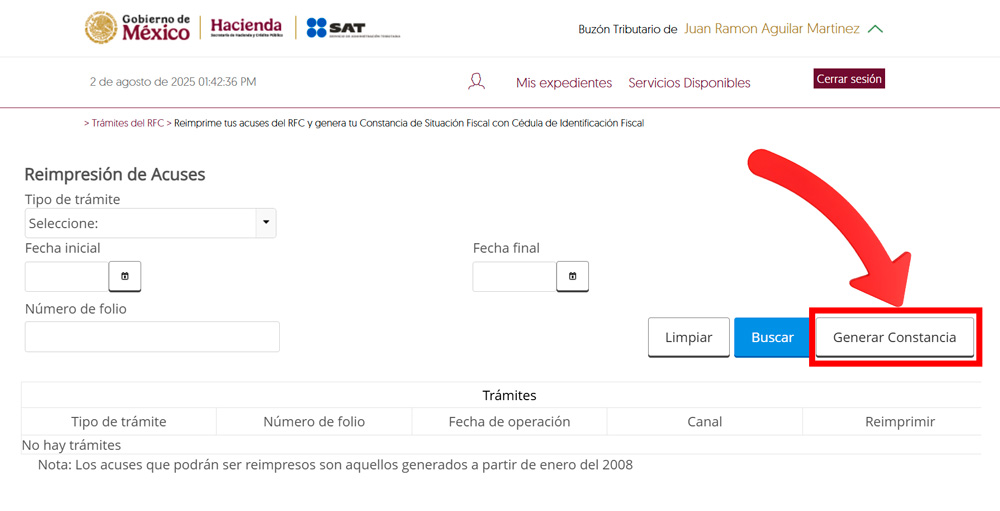 Captura de pantalla SAT, Trámites de RFC, para obtener la Constancia de Situación Fiscal, con botón "Generar Constancia"