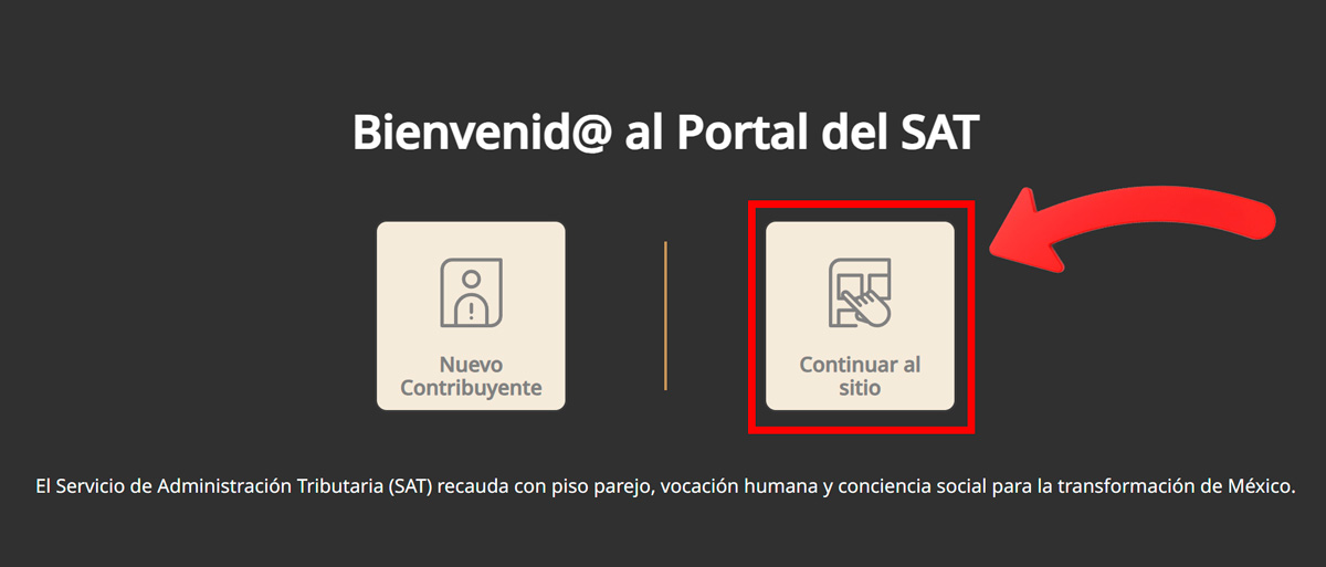 Captua página de inicio web del SAT, señalado con rojo está la opción Continuar al sitio