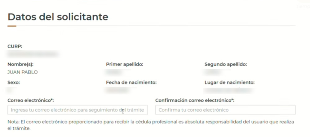 Captura de Pantalla de web de tramite de Cédula Profesional, de datos del solicitante