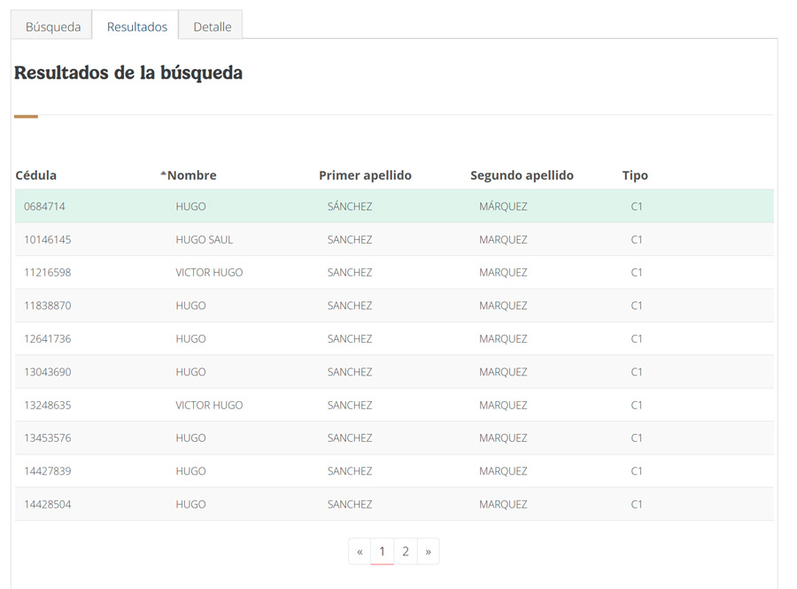 Captura de Pantalla del Resultado de búisqueda de profesionistas, para ver si tiene Cédula Profesional