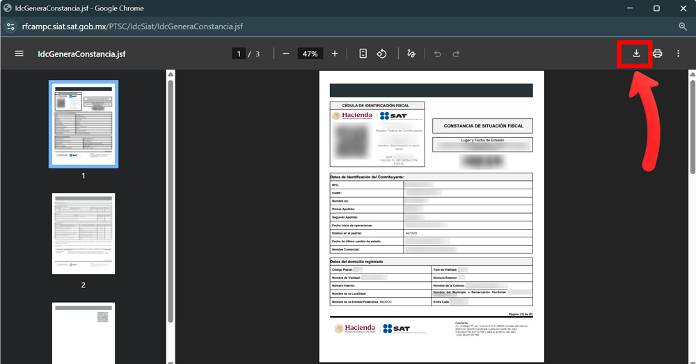 Captura de pantalla de la ventana emergente de la Cédula de Identificación Fiscal en PDF, lista para descargar e imprimir