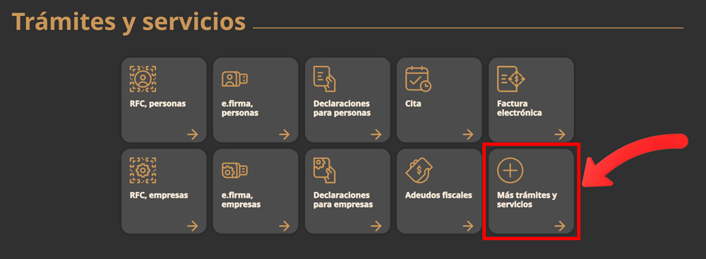 Captura de pantalla sitio web del sat, está señalada en rojo la opción más trámites y servicios