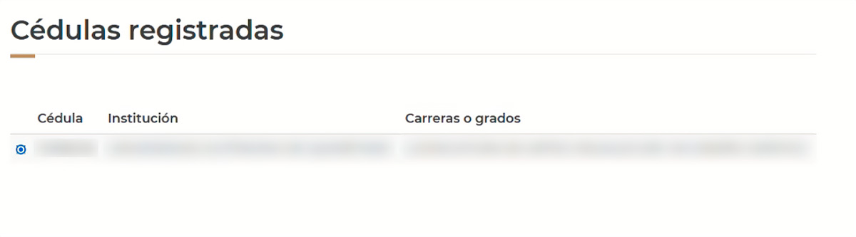 Captura de pantalla web de Trámite de Cédula profesional, Cédulas registradas
