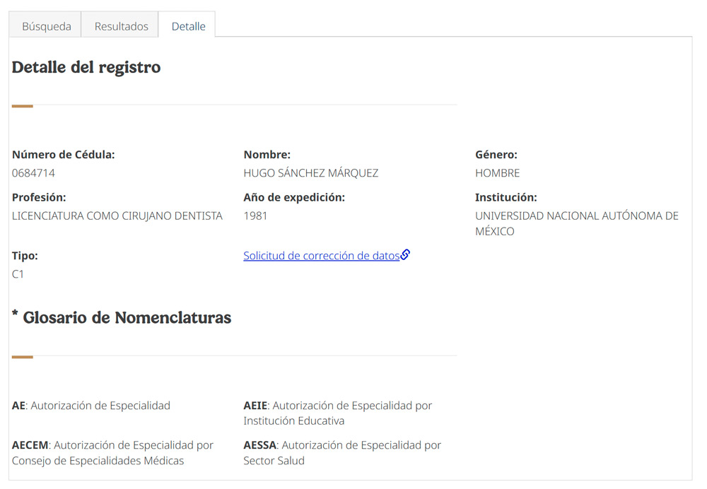 Captura de pantalla del detalle de registro de la cédula profesional, de un profesionista