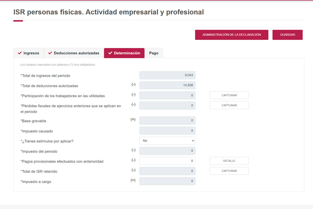 Captura de pantalla de ISR, determinación Persona Fïsica con Actividad Empresarial y Profesional