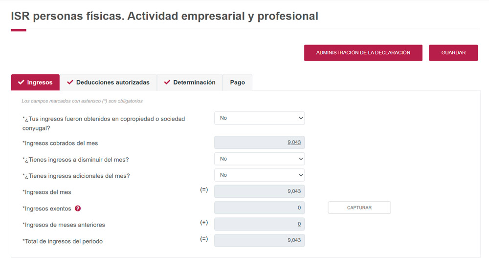 Captura de pantalla ISR, deducciones, Personas Fïsicas con Actividad Empresarial y profesional