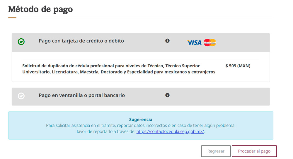 Captura de Pantalla del Método de pago de la Cédula Profesional