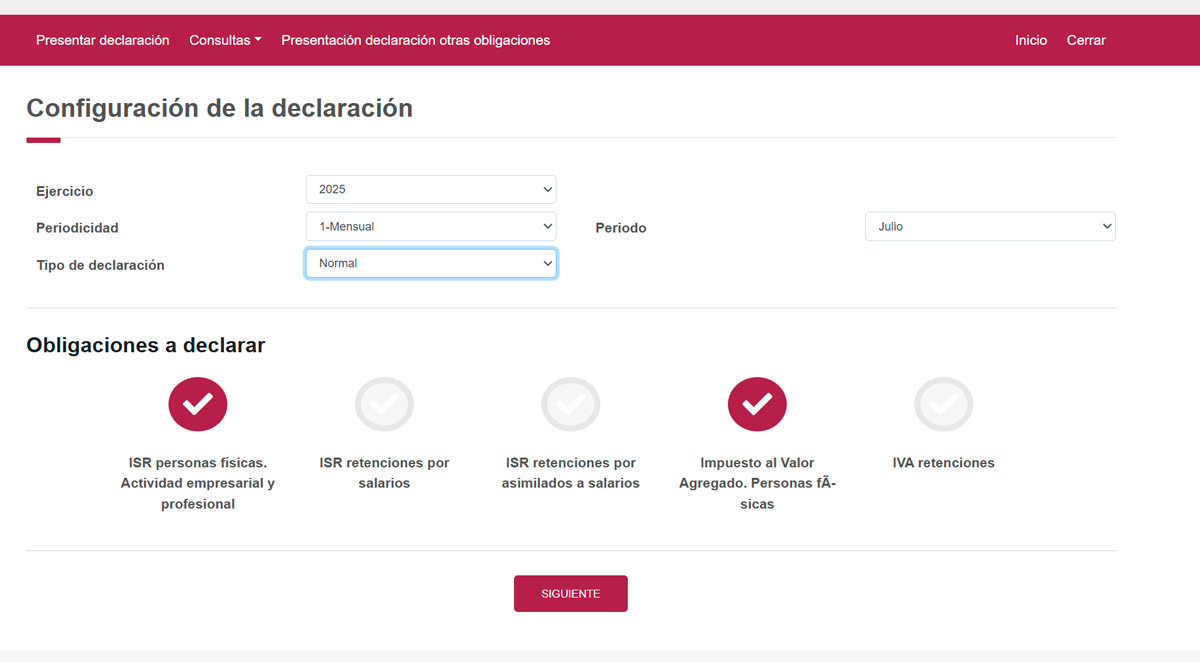 Captura de pantalla declaración, obligaciones a declarar, personas Físicas con Actividades Profesionales y Empresariales