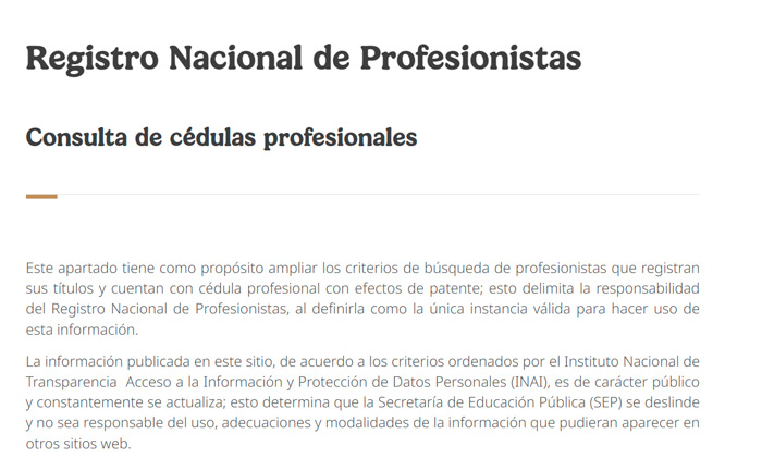 Captura de pantalla del Registro Nacional De Profesionistas, para conocer la Cédula Profesional